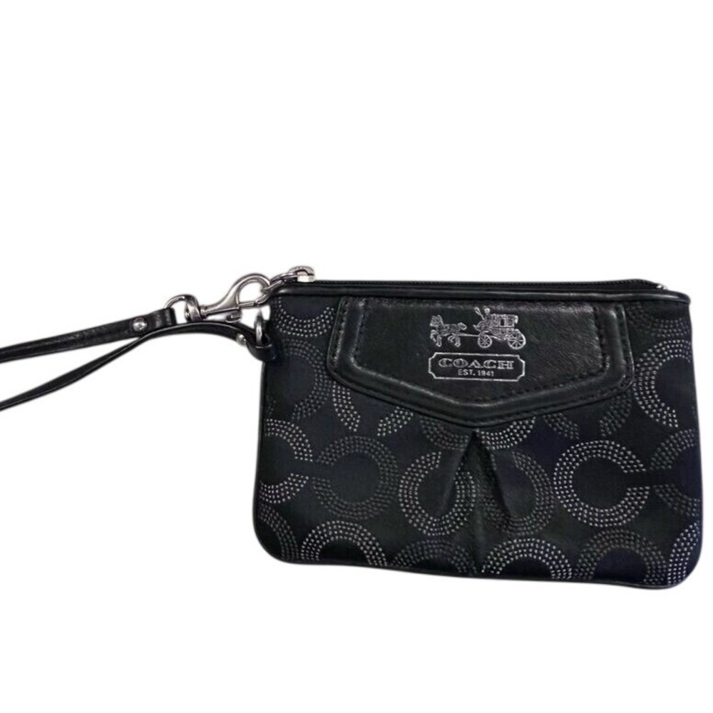 Coach Blackโ Op Art Dotted C Jacquard Wristlet Leather Trim Silver Logo Bag